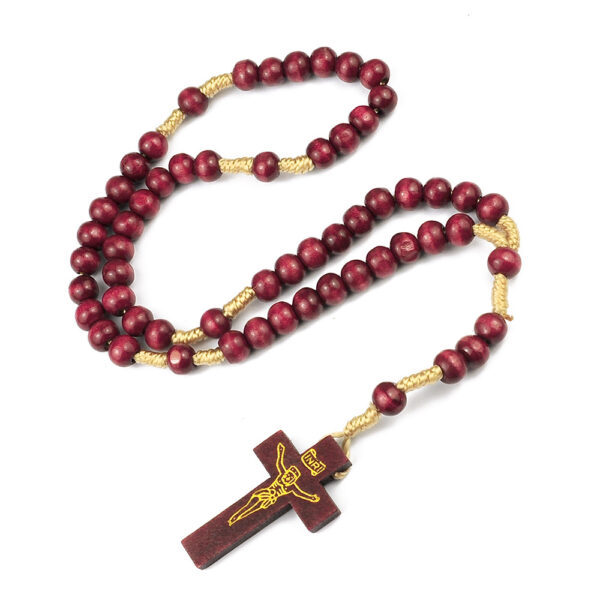 Wholesale Natural Wood Cross Rosary Braided 8mm Wooden Beads Necklace