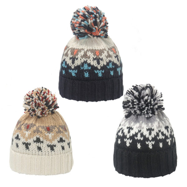 Wholesale 2023 Autumn and Winter New Warm Acrylic Knitted Hat Mixed Color Geometric Rhombus Jacquard Wool Ball Wool Hat