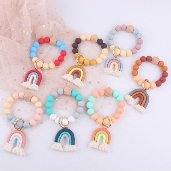 Wholesale Cartoon Colorful Rainbow Tassel Silicone Bead Wrist Keychain