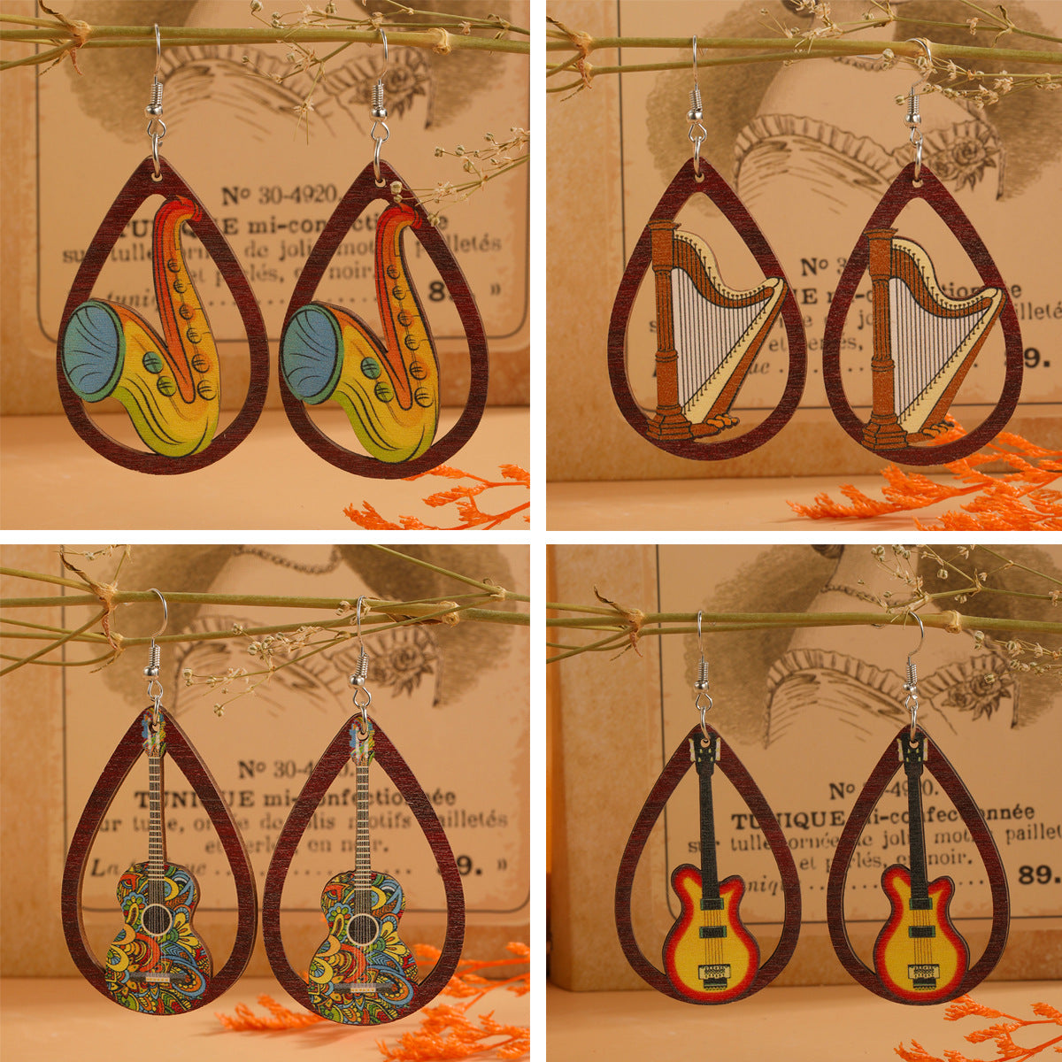 Wholesale Water op Cutout Guitar Harp Aordion Print Wooden Earrings