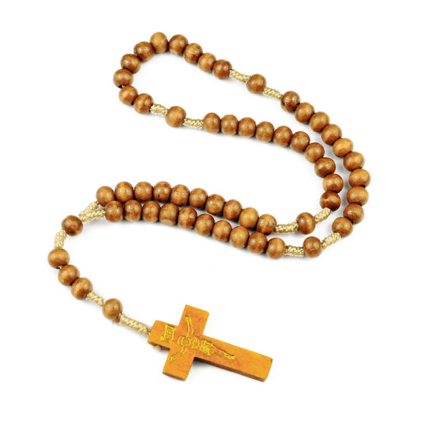 Wholesale Natural Wood Cross Rosary Braided 8mm Wooden Beads Necklace