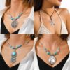 Wholesale Goth Theme Retro Ethnic Style Hidden Silver Creative Design Hollow Carved Turquoise Necklace