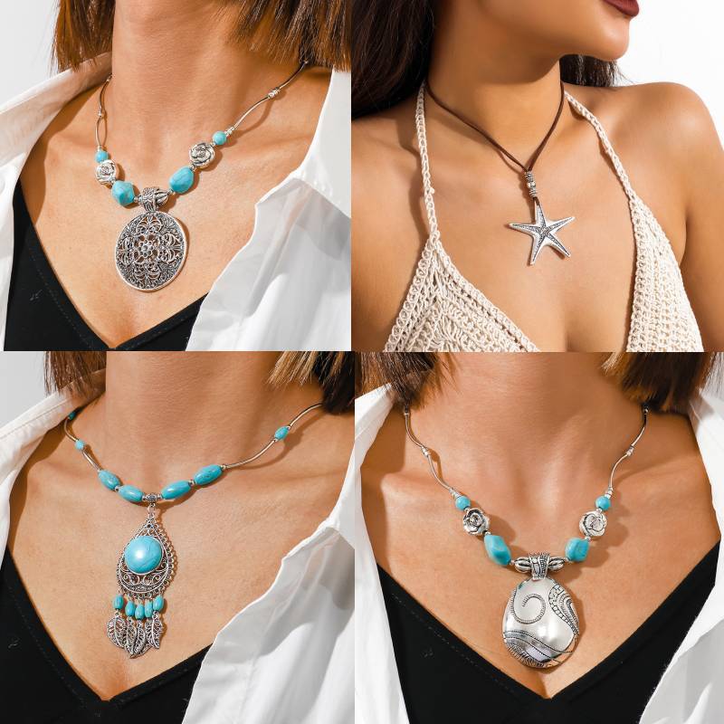 Wholesale Vintage sier hollowed out carved turquoise pendant necklace