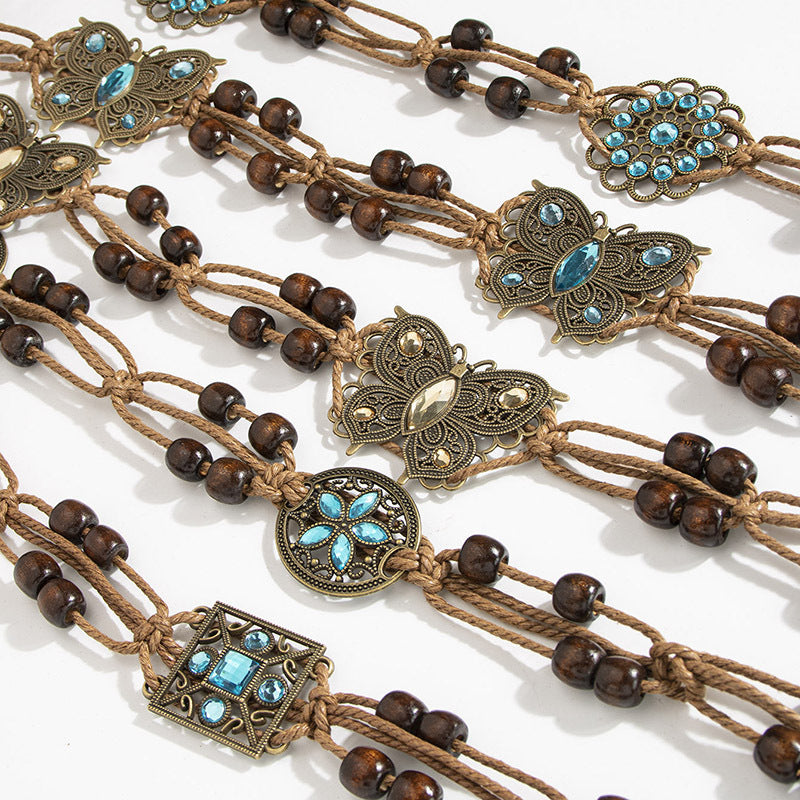 Wholesale Bohemian Butterfly Rhinestone Braided Handmade Wooden Bead Belt