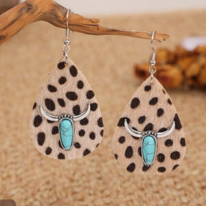 Wholesale Vintage Plush Leopard Print Turquoise Bull Scalp Earrings