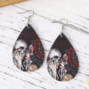 Wholesale dark rose flower skull earrings double-sided PU leather drop earrings