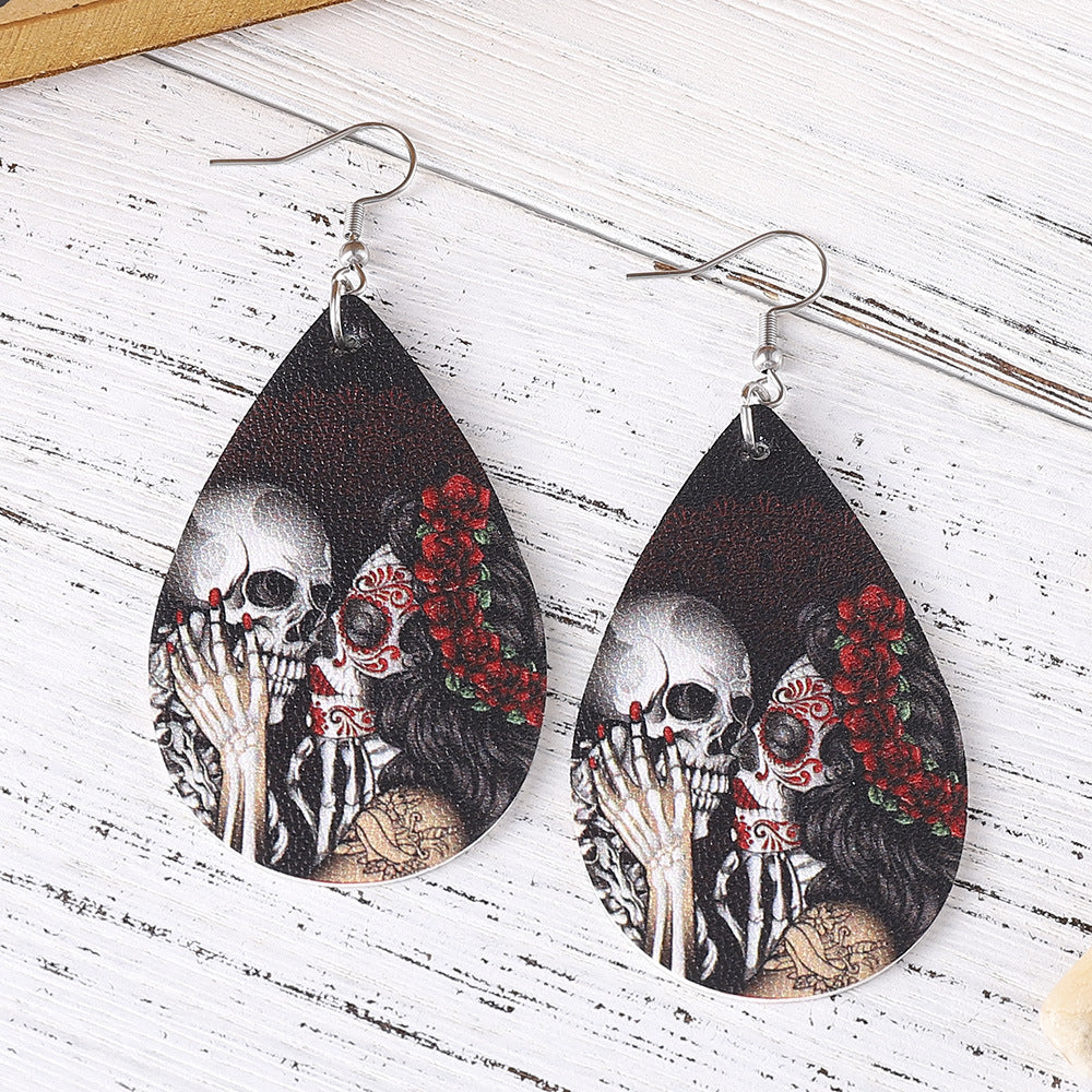 Wholesale dark rose flower skull earrings double-sided PU leather op earrings