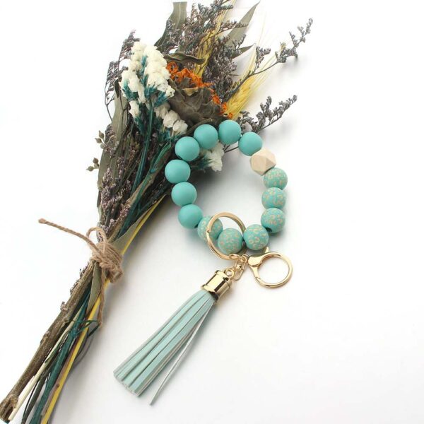 Wholesale Wooden Bead Printed Leather Tassel Bracelet Keychain