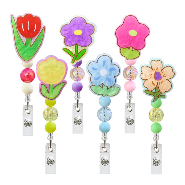 Wholesale Acrylic Flower Beaded Retractable Badge Scroll Keychain