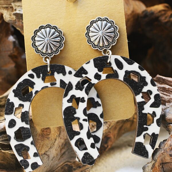 Wholesale of Western Wind Cow Pattern Turquoise Alloy Horseshoe Leopard Pattern Cross Leather Earrings