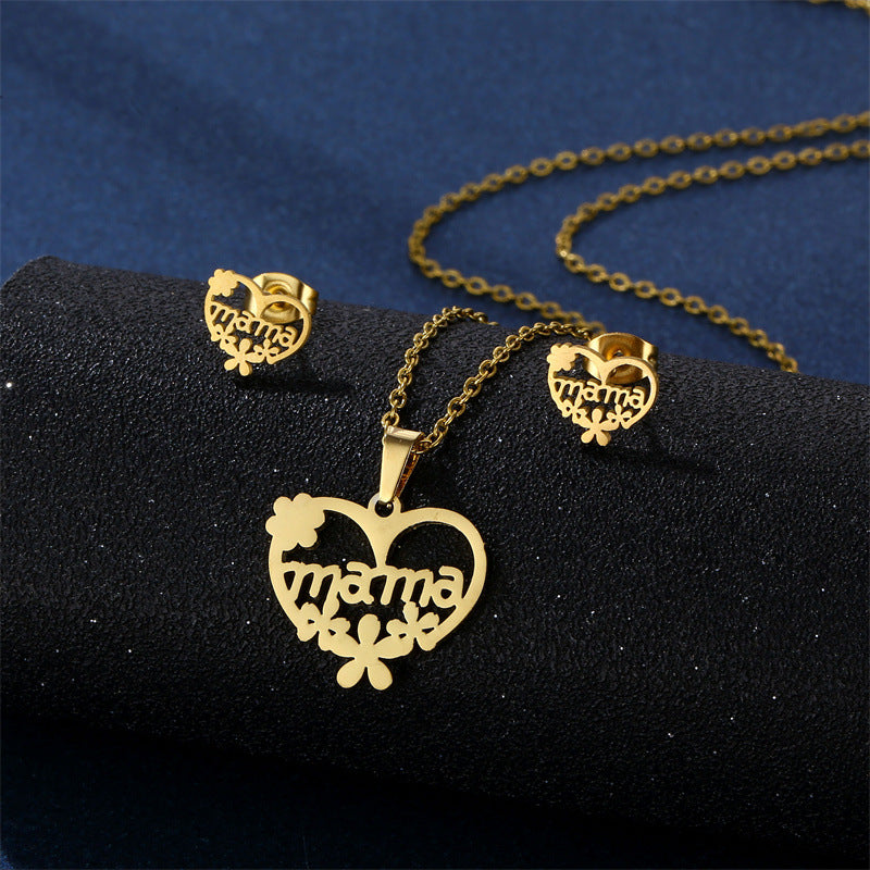 Wholesale Mother's Day Gift MAMA Stainless Steel Necklace Earrings Set