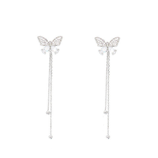 Wholesale S925 Silver Needle Long Tassel Diamond Butterfly Earrings