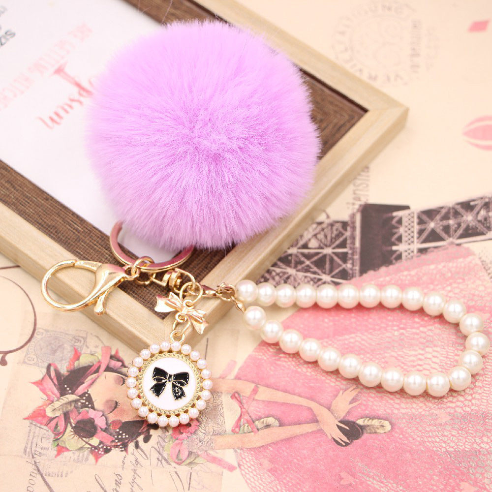 Wholesale Imitation Rex Rabbit Fur Ball Pearl Chain Bow Plush Ball Keychain