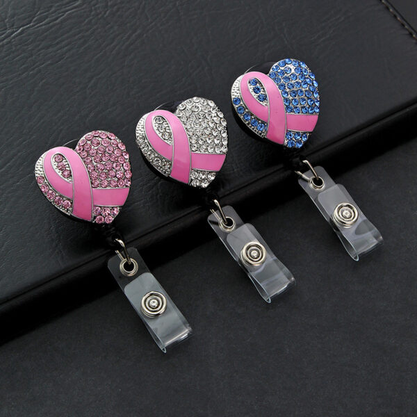 Wholesale Badge Reels Pink Ribbon Diamond Retractable Keychain Alloy Keychain