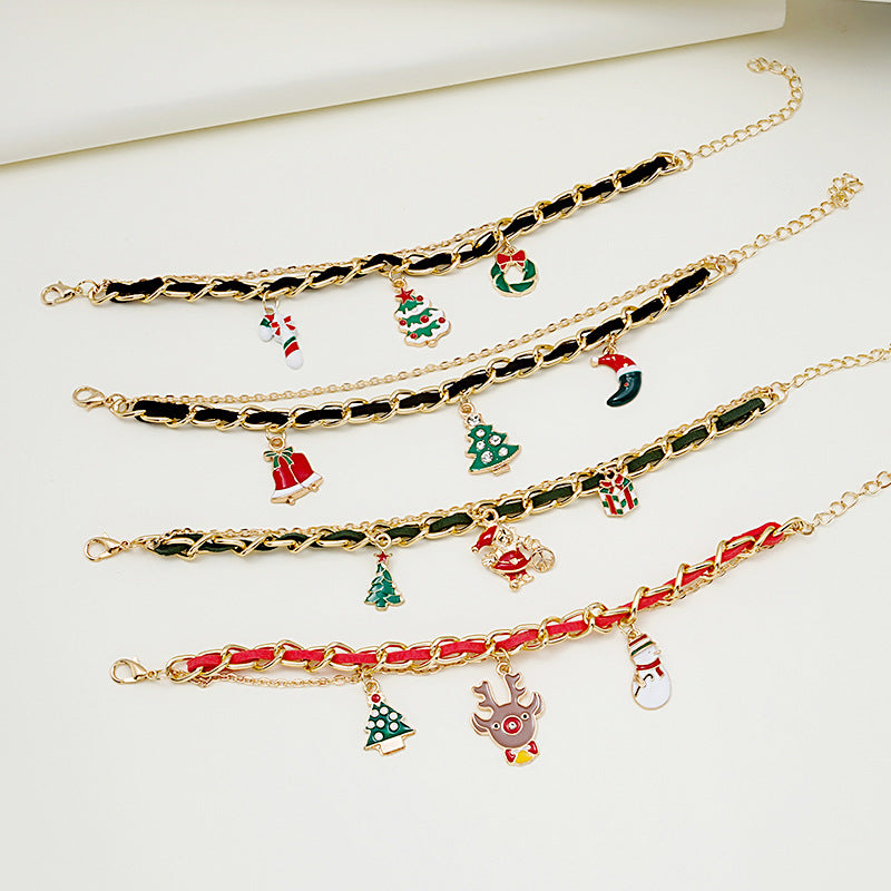Wholesale Christmas Oil op Christmas Tree Snowman Cane Pendant Multi-layer Chain Bracelet