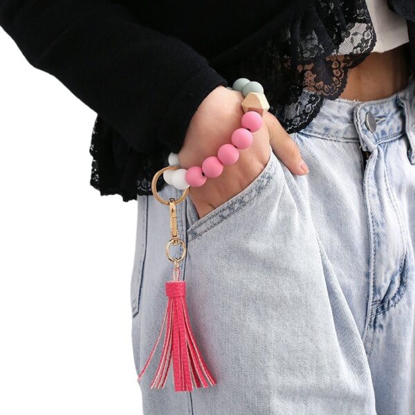 Wholesale Leopard Print Silicone Beaded Tassel Wrist Keychain
