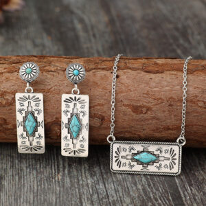 Wholesale Bohemian Retro Pumpkin Flower Splicing Geometric Turquoise Alloy Earrings Necklace Set