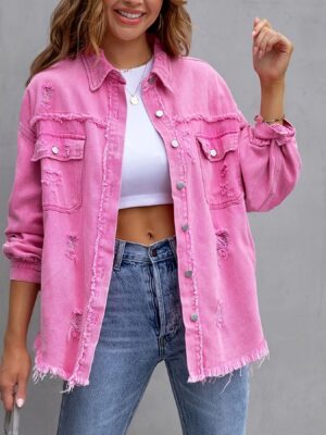 Wholesale Solid Color Medium Length Ripped Long Sleeve Denim Jacket