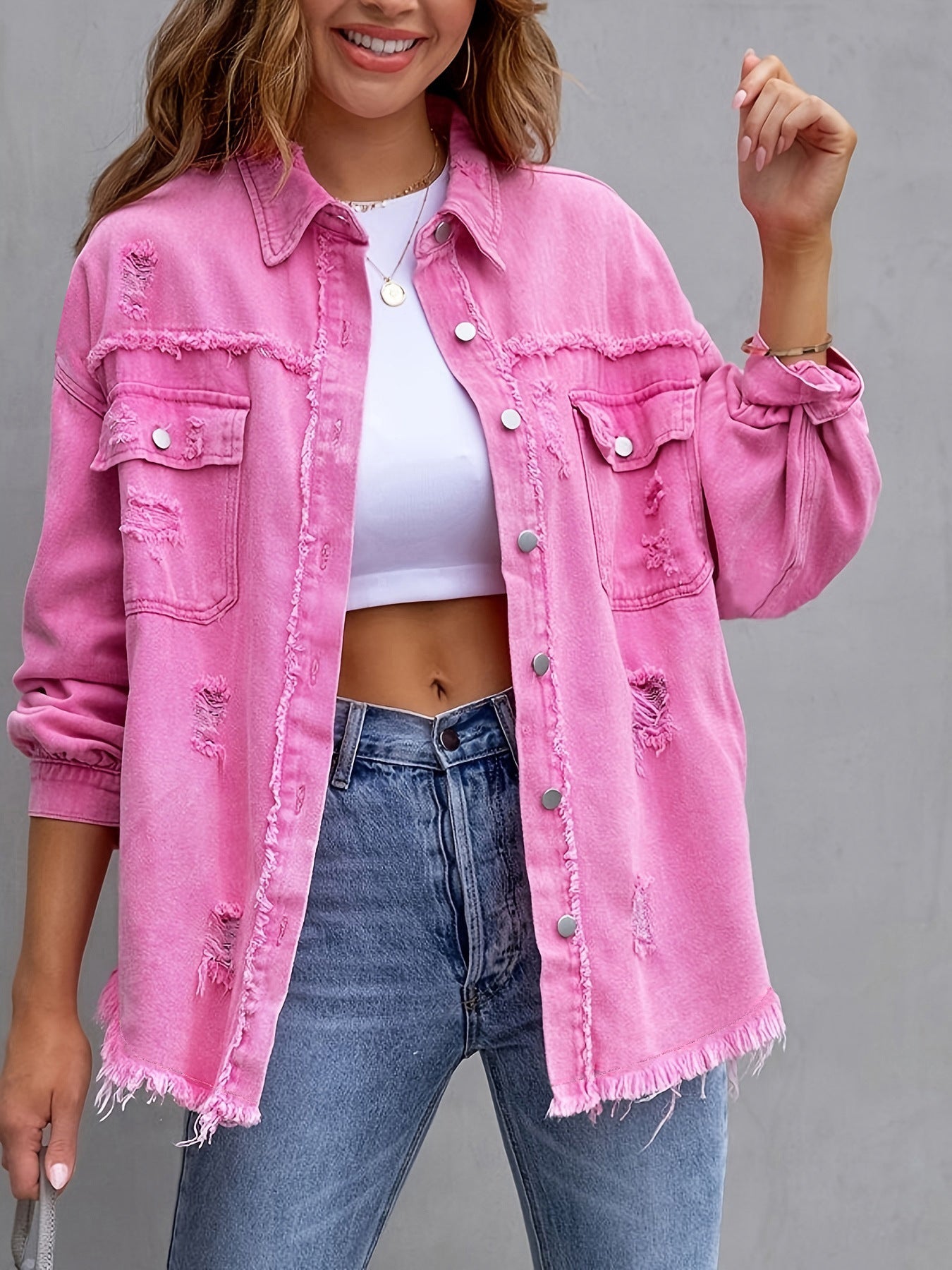 Wholesale Solid Color Medium Length Ripped Long Sle Denim et