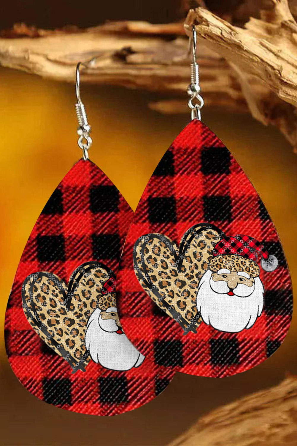 Wholesale Christmas Red Plaid op Leopard Pattern Love Leather Earrings