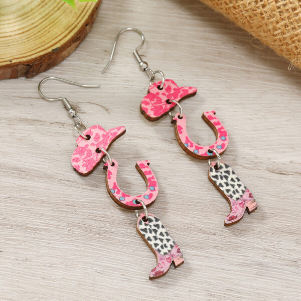 Wholesale Valentine's Day Pink Printed Denim Hats, Horseshoe High Heels, Wooden Earrings