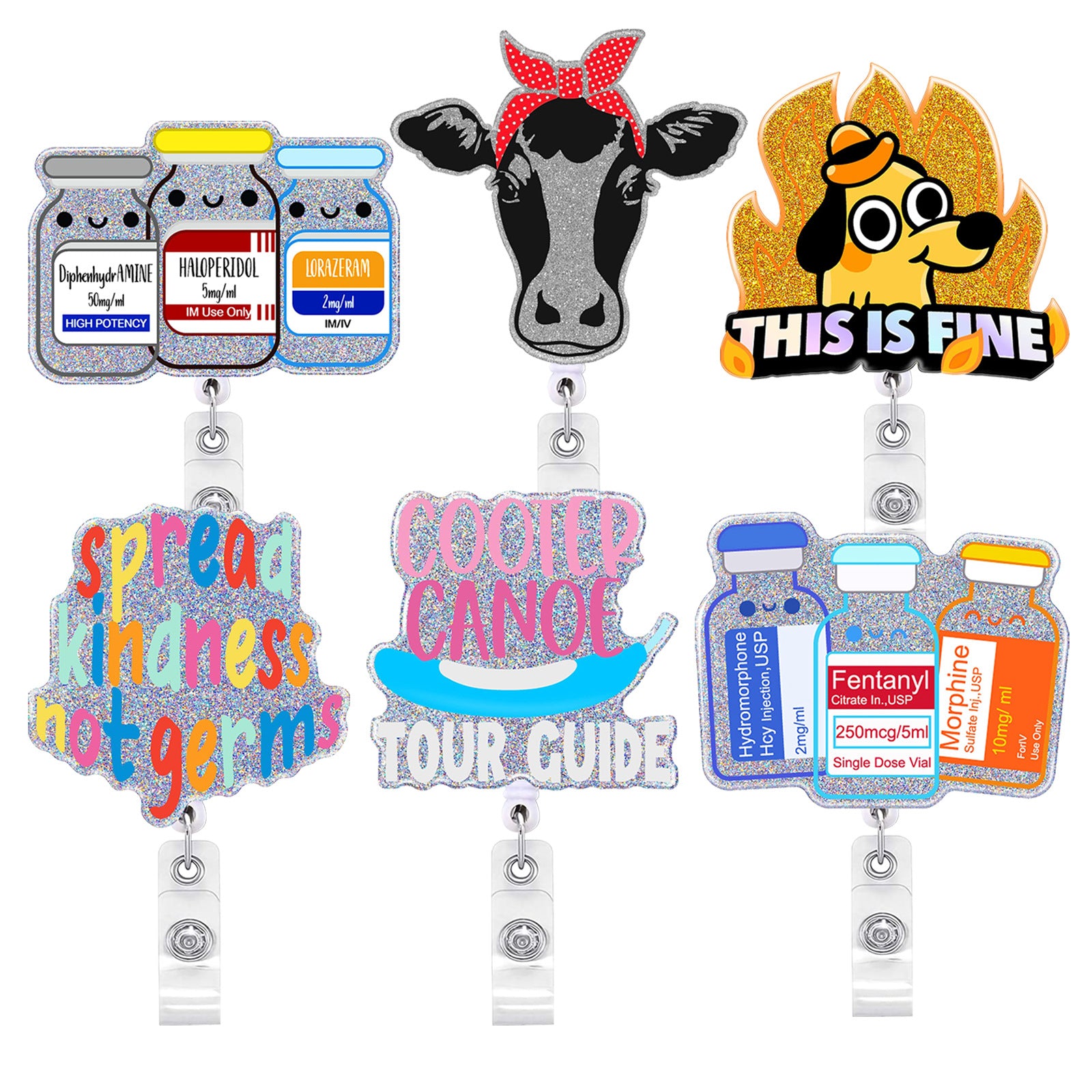 Wholesale Acrylic Medicine Bottle Bulldog Rotating Retractable Badge Scroll Keychain