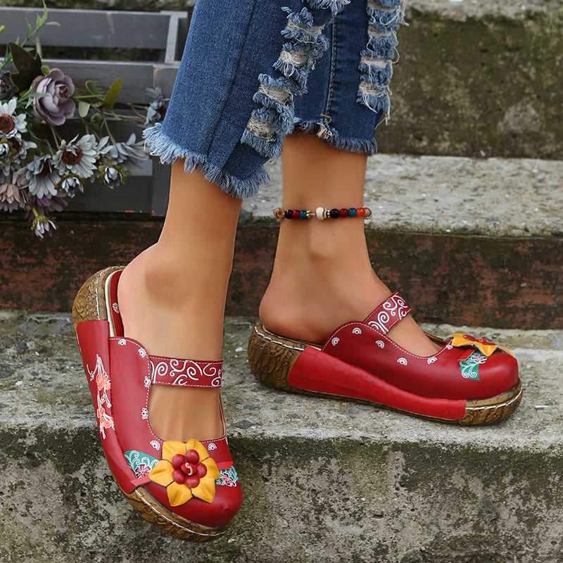 Wholesale Ethnic Style Flower Handmade Thick Sole Retro Sandals