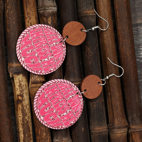Wholesale Round Pink Letter Leather Earrings