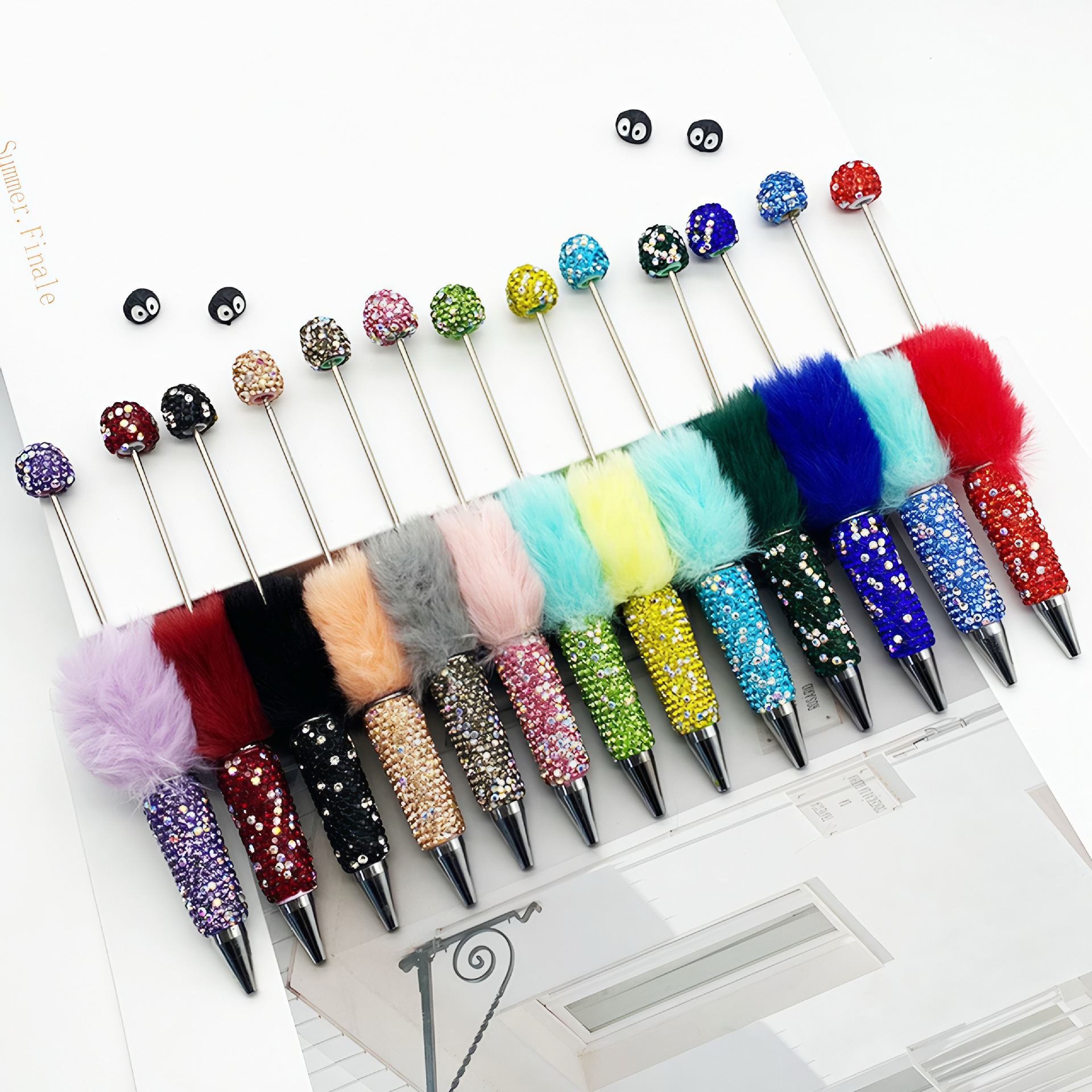 Wholesale Fur Ball Ab Full Diamond Beaded Pen Cap with Diamond Pure Handmade Diamond Ballint Pen Beadedpen Cute Plush Pen