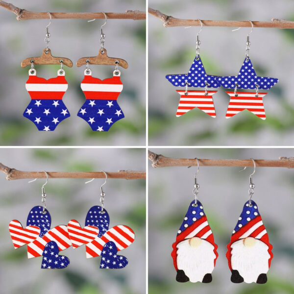Wholesale Star Stripe Love Swimsuit Dwarfs Double Sided Wood Earrings