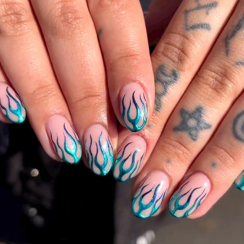 Wholesale Blue Green Gradient Flame Round Toe Short Nail Stickers