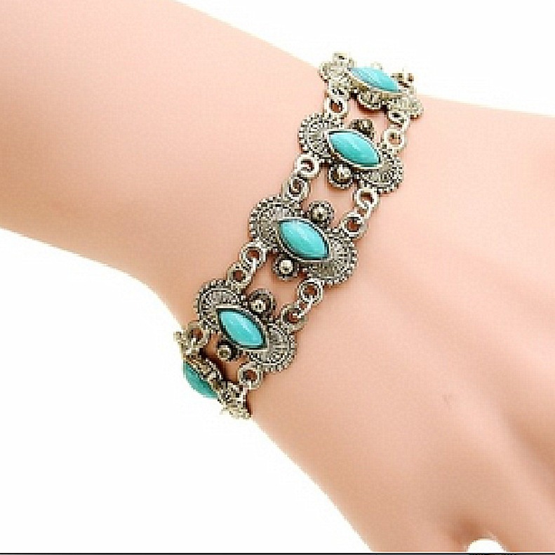 Wholesale Wish Xizang Sier Bohemian Turquoise Fashion Aesthetic Bracelet Retro Ethnic Style Turquoise Water op Retro Anklet