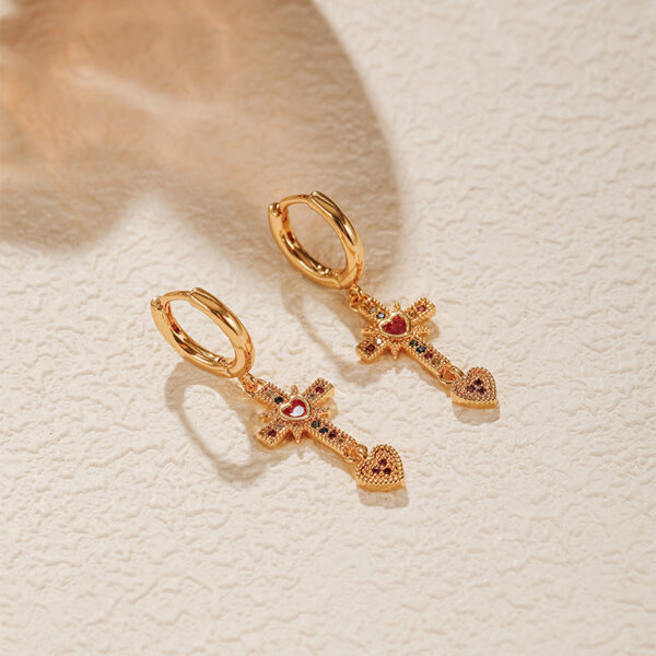 Wholesale Cross Real Gold Plating Inlaid Colored Zircon Love Earrings