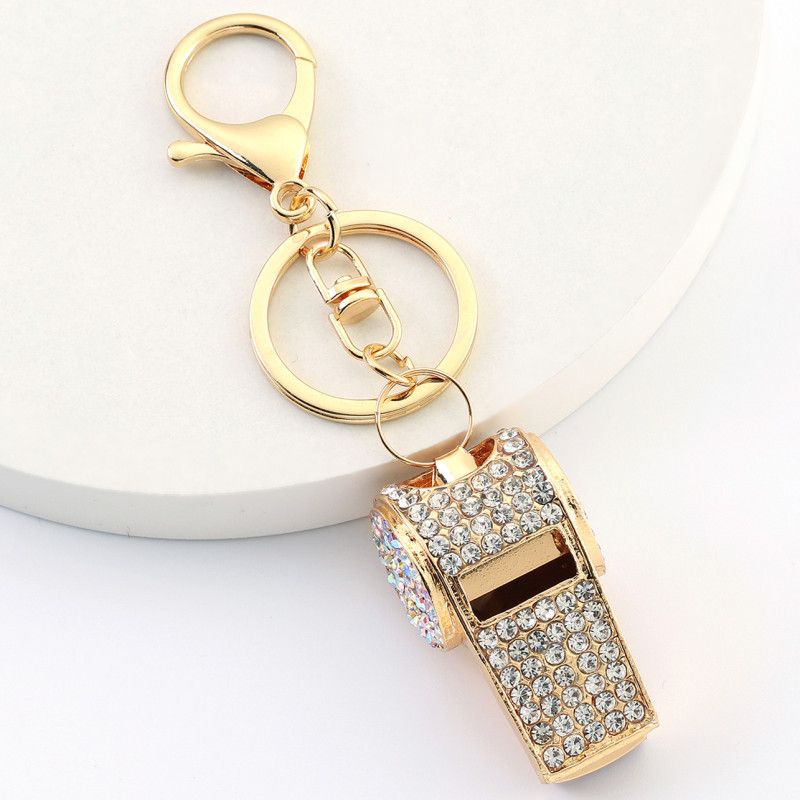 Wholesale Beautiful rhinestone double-layer whistle keychain metal crystal whistle car pendant key ring buckle small gift in stock