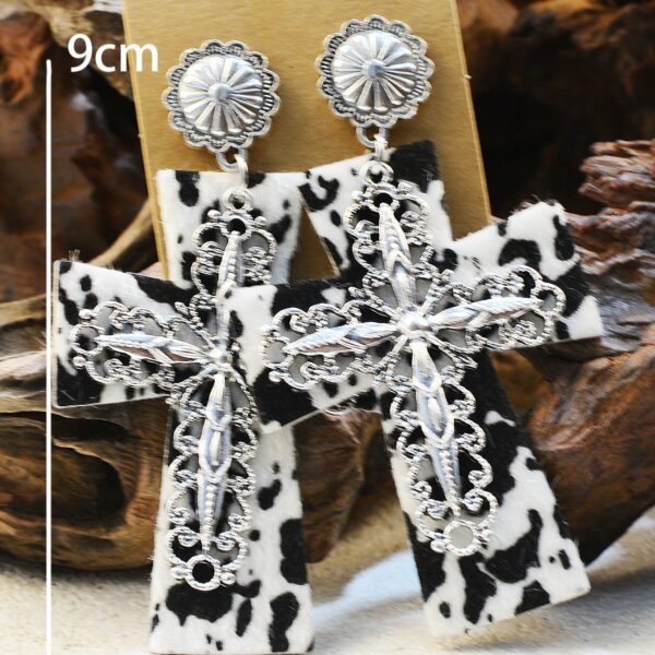 Wholesale of Western Wind Cow Pattern Turquoise Alloy Horseshoe Leopard Pattern Cross Leather Earrings