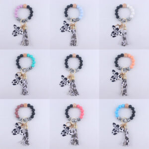 Wholesale MAMA Wood Chips Cow Head Western Style Silicone Beads Wrist Keychain