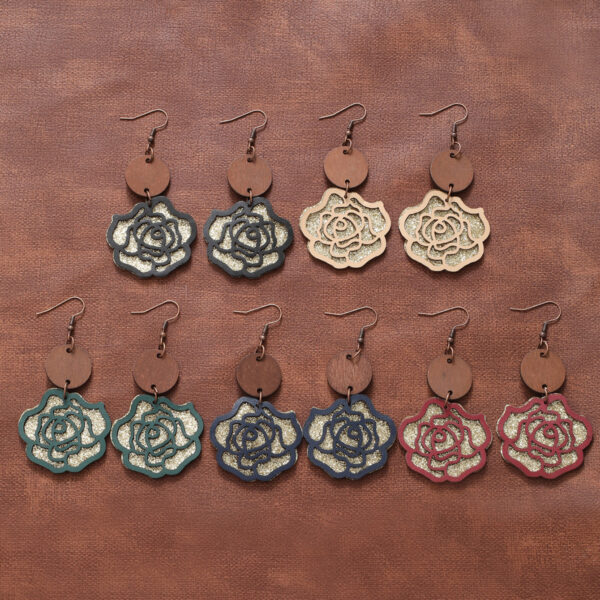 Wholesale Rose Flower Vintage Double Leather Wood Chip Earrings