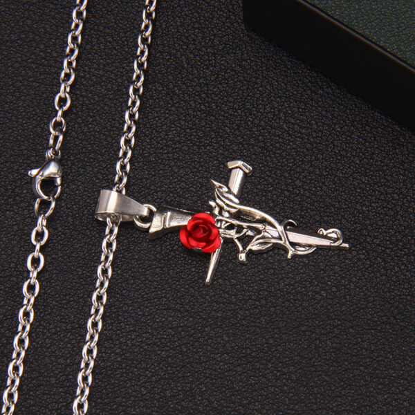 Wholesale gothic red rose cross vintage stainless steel necklace