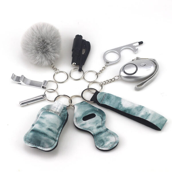 Wholesale Bottle Opener Whistling Hand Sanitizer Leather Case Wool Ball Key Chain Set