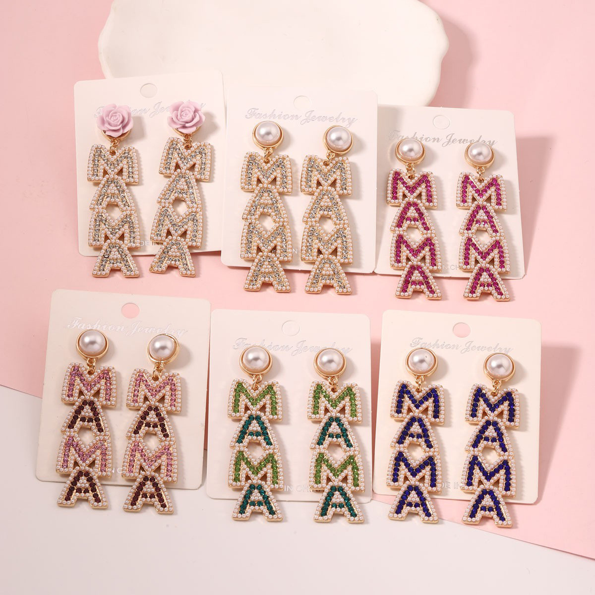 Wholesale Mother's Day creative letter diamond pearl earrings light luxury earrings
