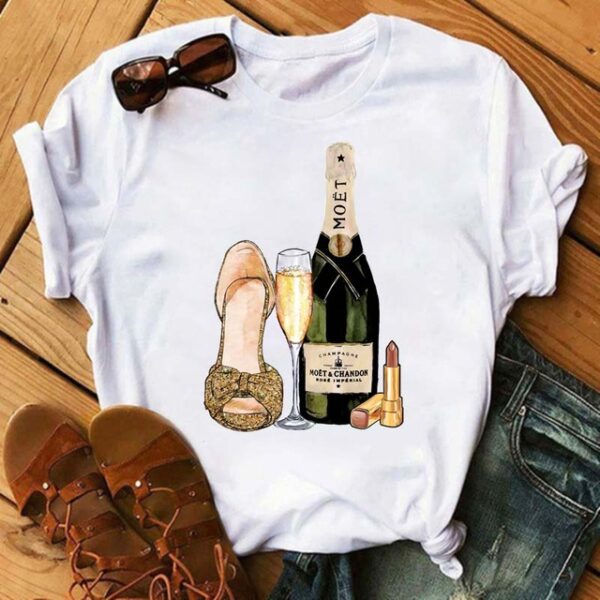 Whoelsale Valentine's Day Polyester High Heels, Wine Glass Printed Women's Short Sleeved T-shirt