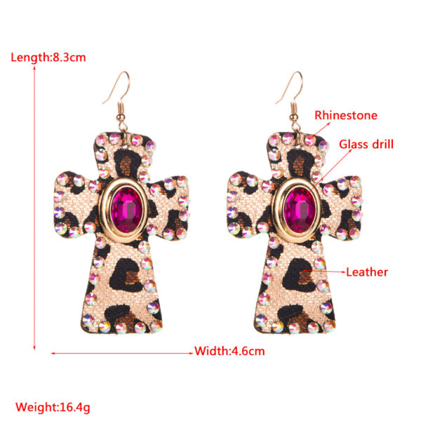 Wholesale Diamond Cross Leopard Print Leather Earrings