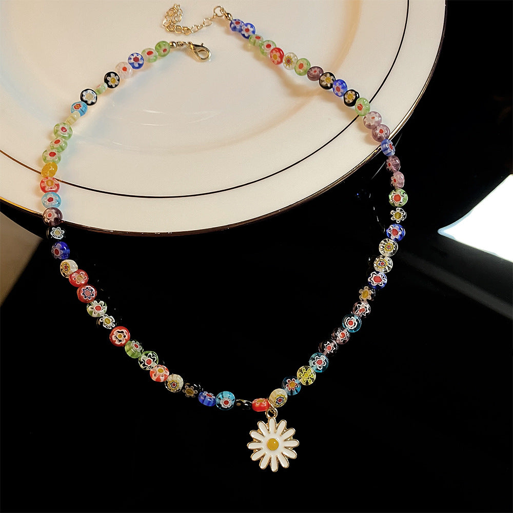 Wholesale Colorful Glass Bead Suower Pendant Necklaces
