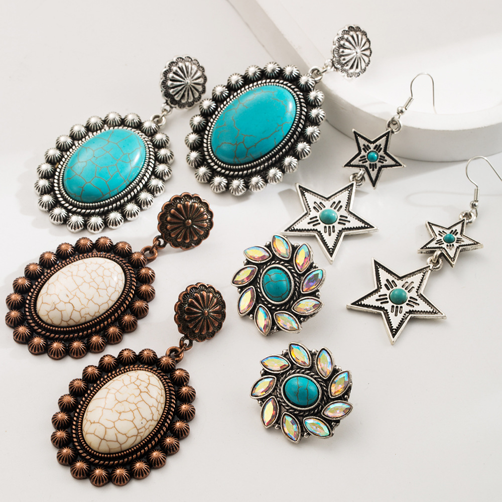 Wholesale Cross-border Amazon Turquoise Earrings New Alloy Retro Geometric Bohemian Ethnic Style Retro Earrings for Women