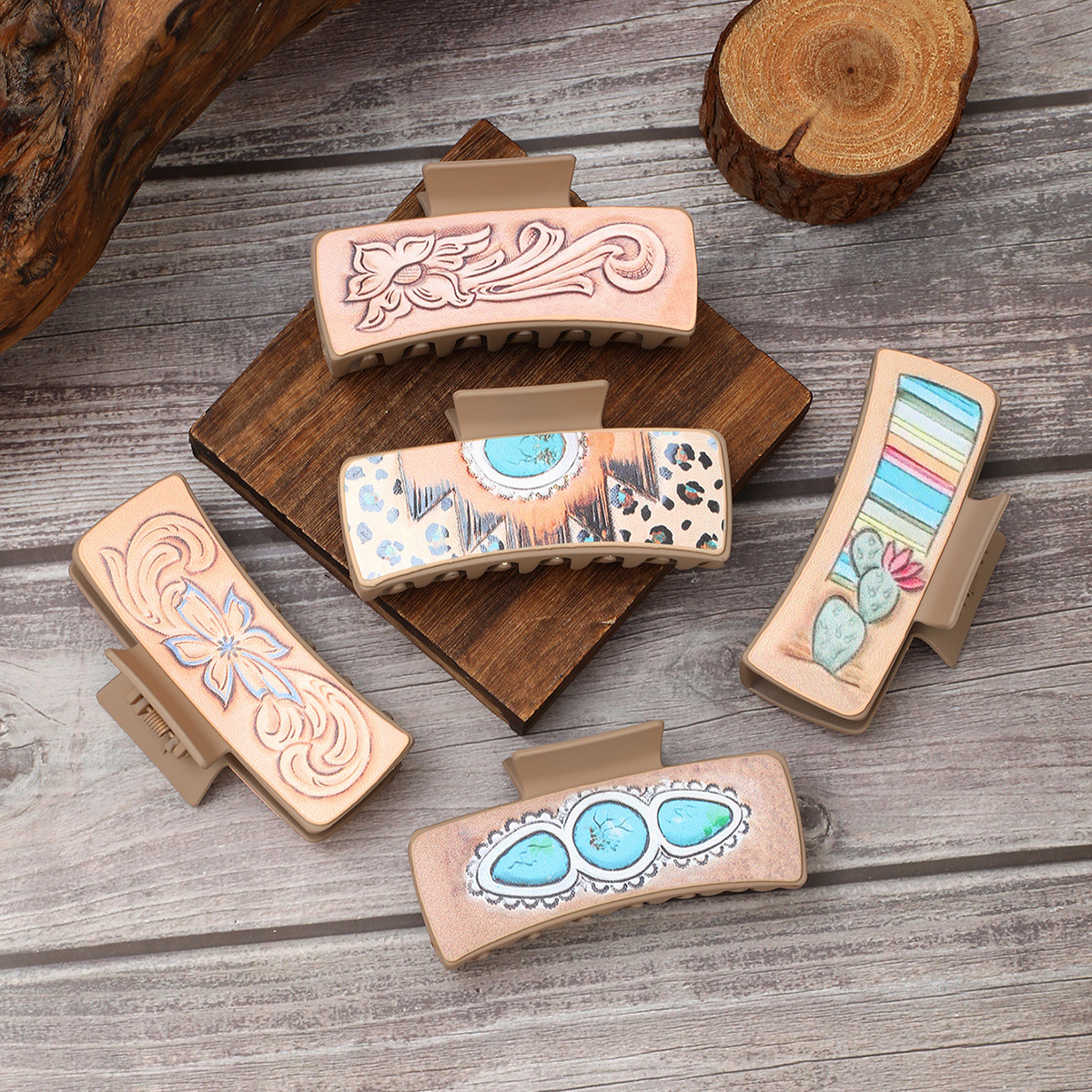 Wholesale Cross Border West Denim Style Leather Hairpin Cactus Clamp Women Shark Clip AliExpress Amazon