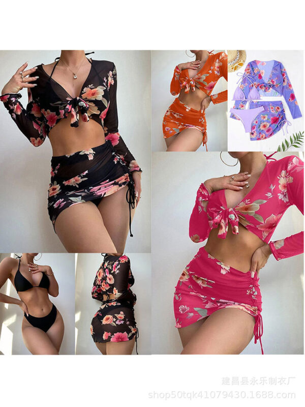 Wholesale Four-piece Set Split Printed Mesh Long Sleeve Swimwear