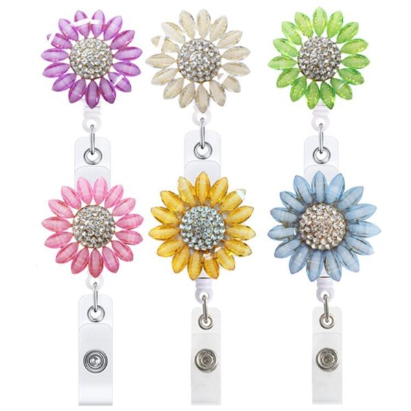 Wholesale Badge Reels Metal Sunflower Flower Diamond Retractable Keychain