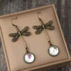Wholesale Retro Dragonfly Stitching Colored Stone Bohemian Style Long Alloy Earrings