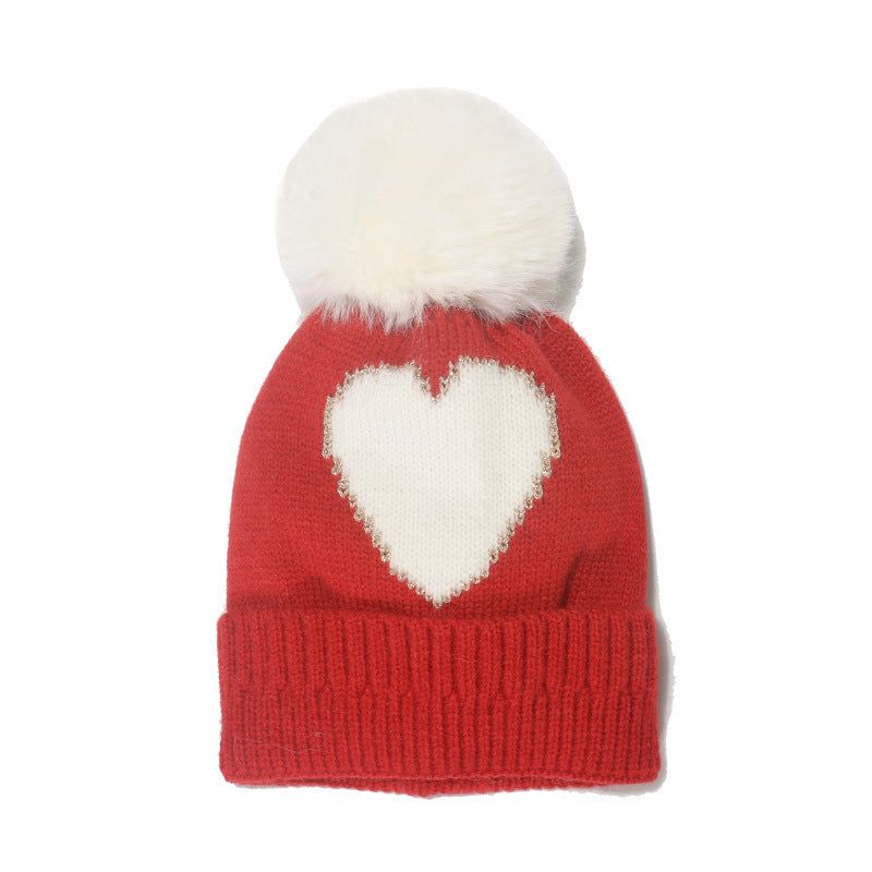 Wholesale Autumn and Winter New Red Love Jacquard Knitted Hat Warm Chilen's Fur Ball Beanie