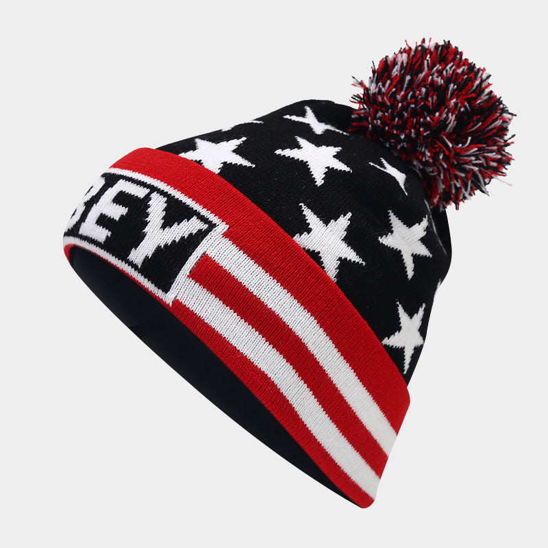 Wholesale Knitted Hats with Five-inted Star Striped Jacquard Acrylic Ear Protectors